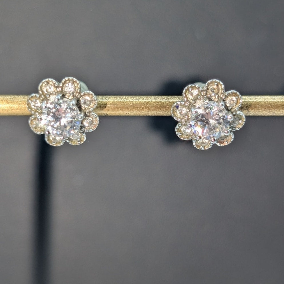 Vintage 925 Sterling Silver CZ Flower Stud Earrings