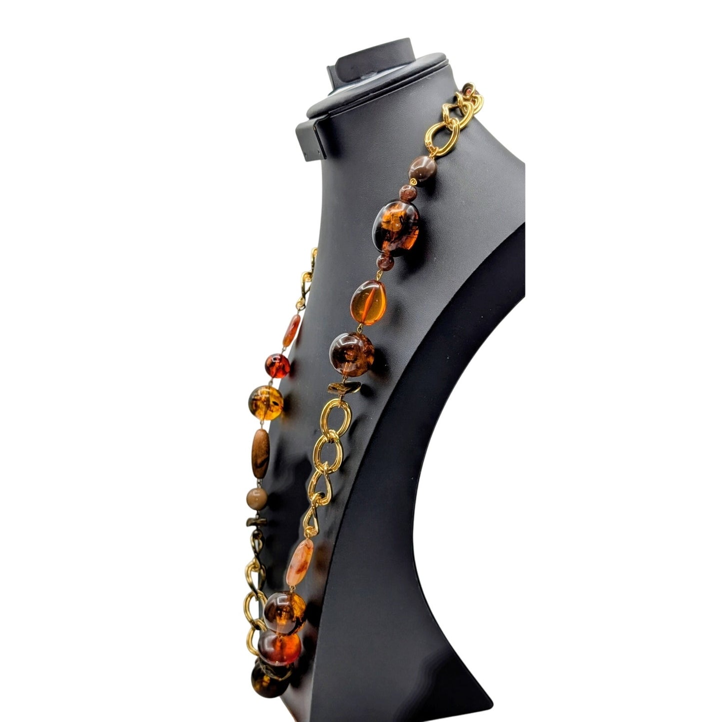 Chunky Gold Tone Chain Link Amber Acrylic Bead 34" Necklace