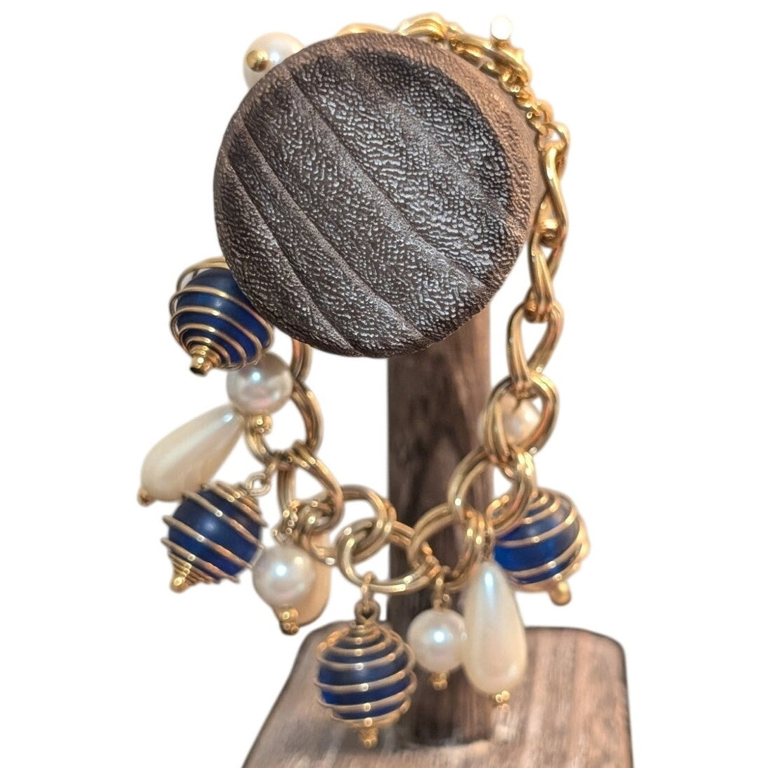 Vintage 1980s Gold Tone Double Link Blue Cage Ball Faux Pearl Toggle Bracelet