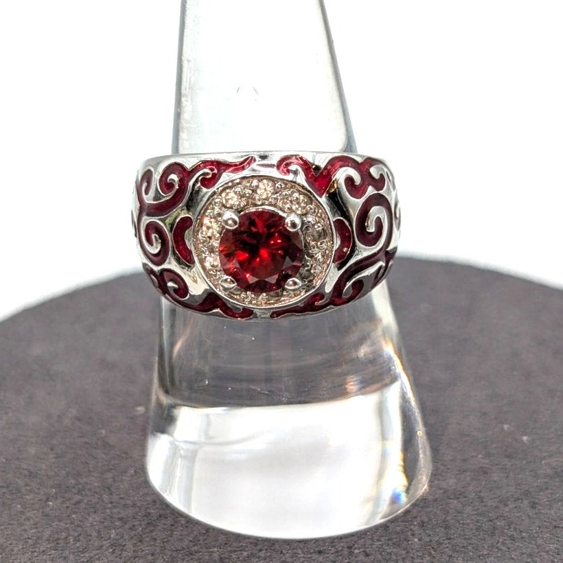 Red Glass CZ Red Enamel Swirl Silver Tone Cocktail Ring Size 8