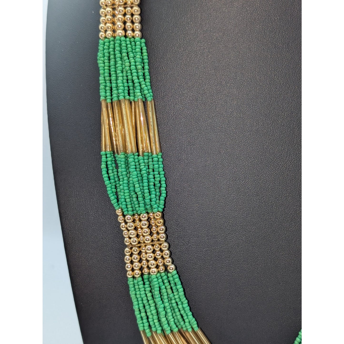 GCM India Green Seed Bead & Gold Tone Ball & Rod Multi-Strand 27"-29" Necklace