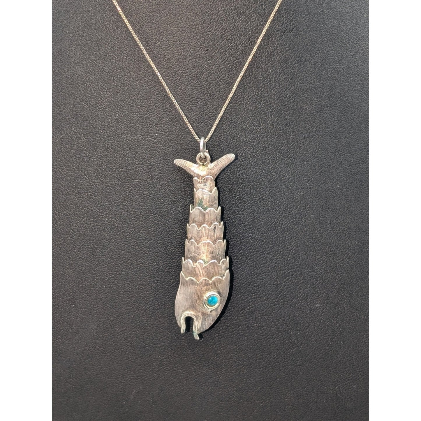 Taxco Mexico Sterling Turquoise Large Articulated Fish Pendant Chain Necklace