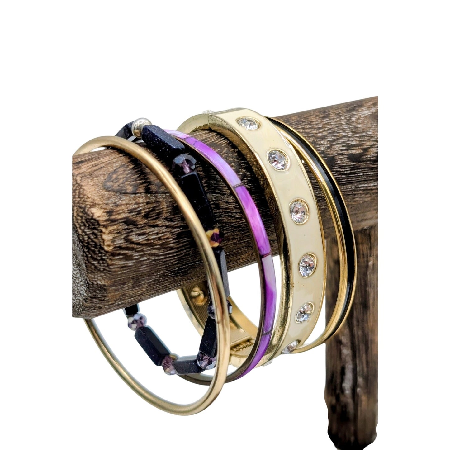 Lot of Four Purple Cream Black Theme Bangles & One Purple Stone Bead Bracelets