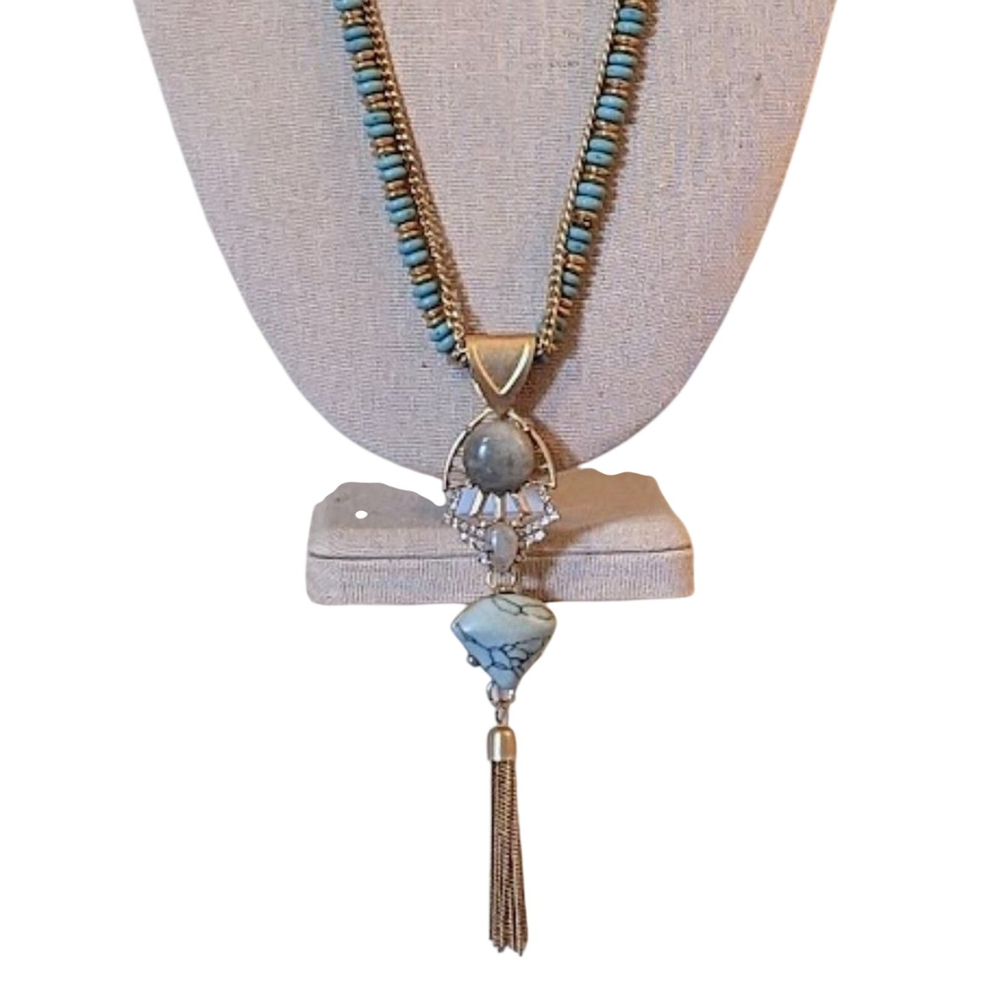 Charming Charlie Gold Tone Turquoise Colored Beads and Stone Tassel Pendant