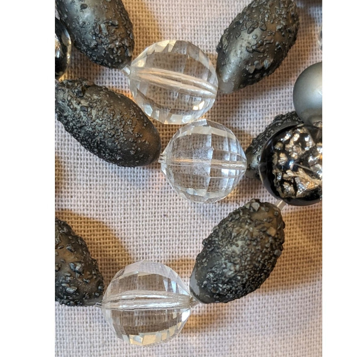 Vintage Gray Clear Faceted Crystal, Lava, Foil Bead Necklace W/ Fancy Clasp