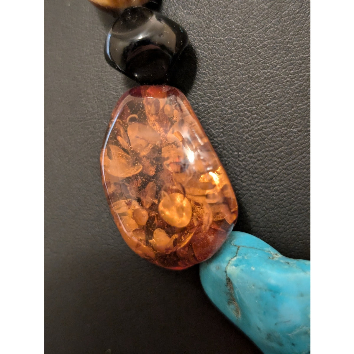Chunky Faux Turquoise Amber Tiger Eye Black Onyx Beaded Necklace