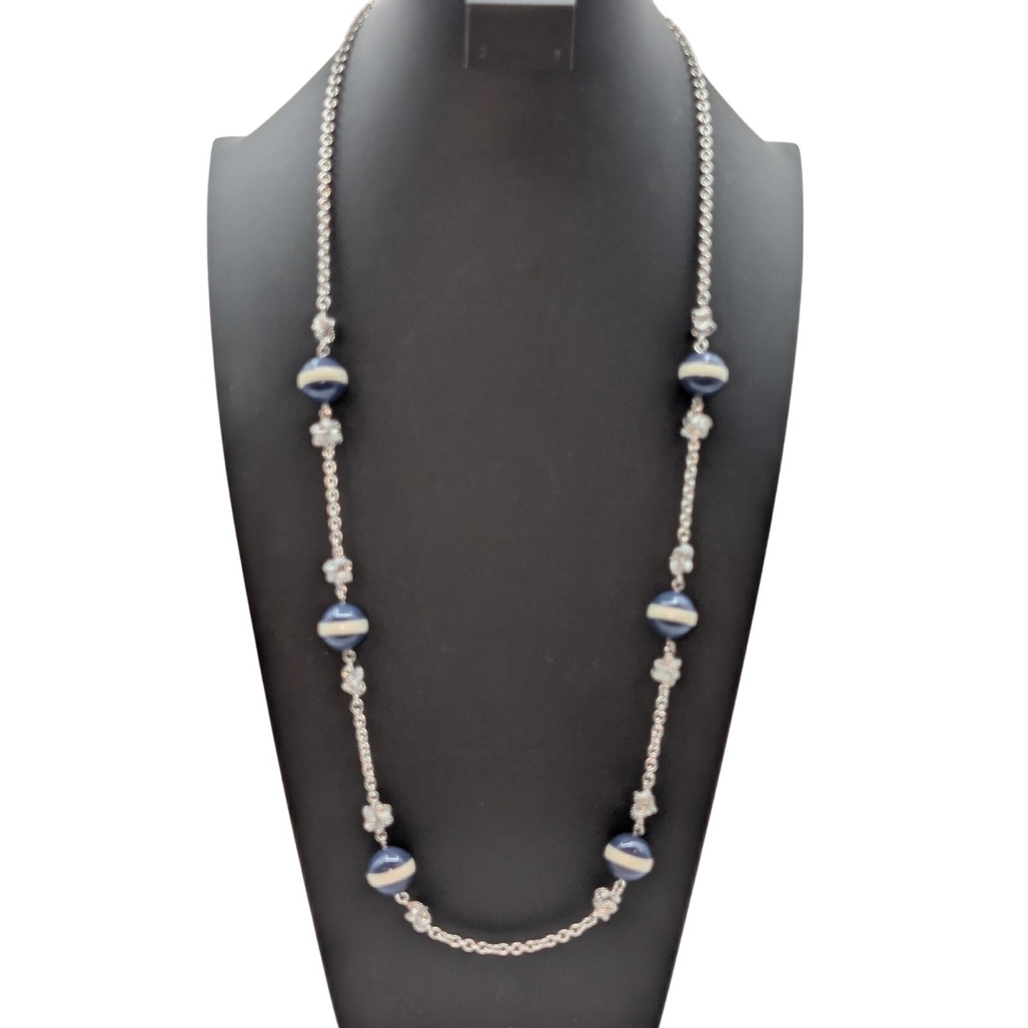 Talbot's Silver Tone Blue Strip & Ruffled Bow Bead Station 32" Necklace
