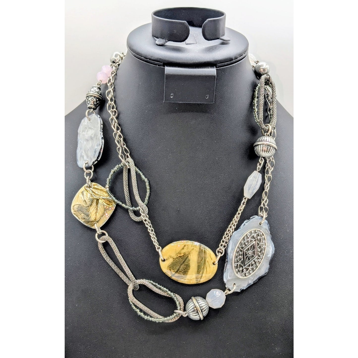 Chico's Silver Tone Multi-Bead Station Approximately 44" Long Necklace