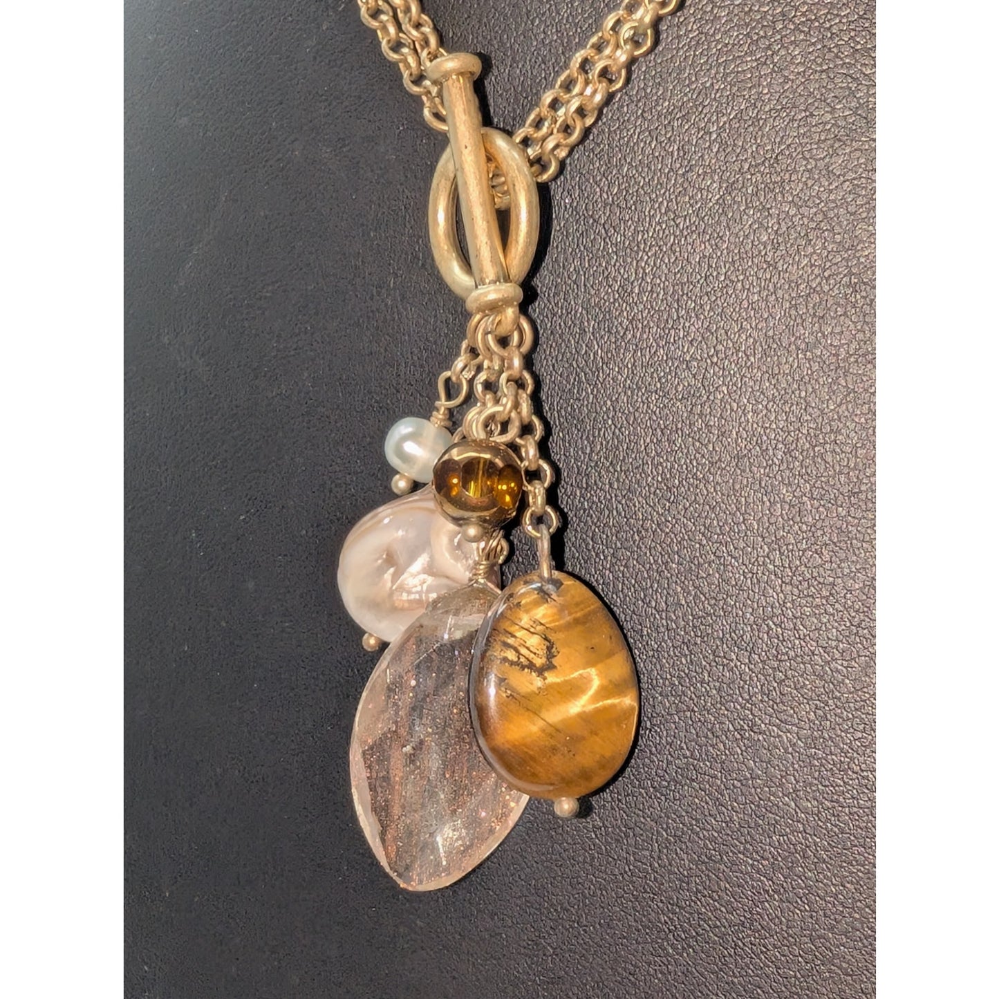 Muted Gold Tone Double Rolo Link Front Toggle Clasp Beaded Cluster 17" Necklace