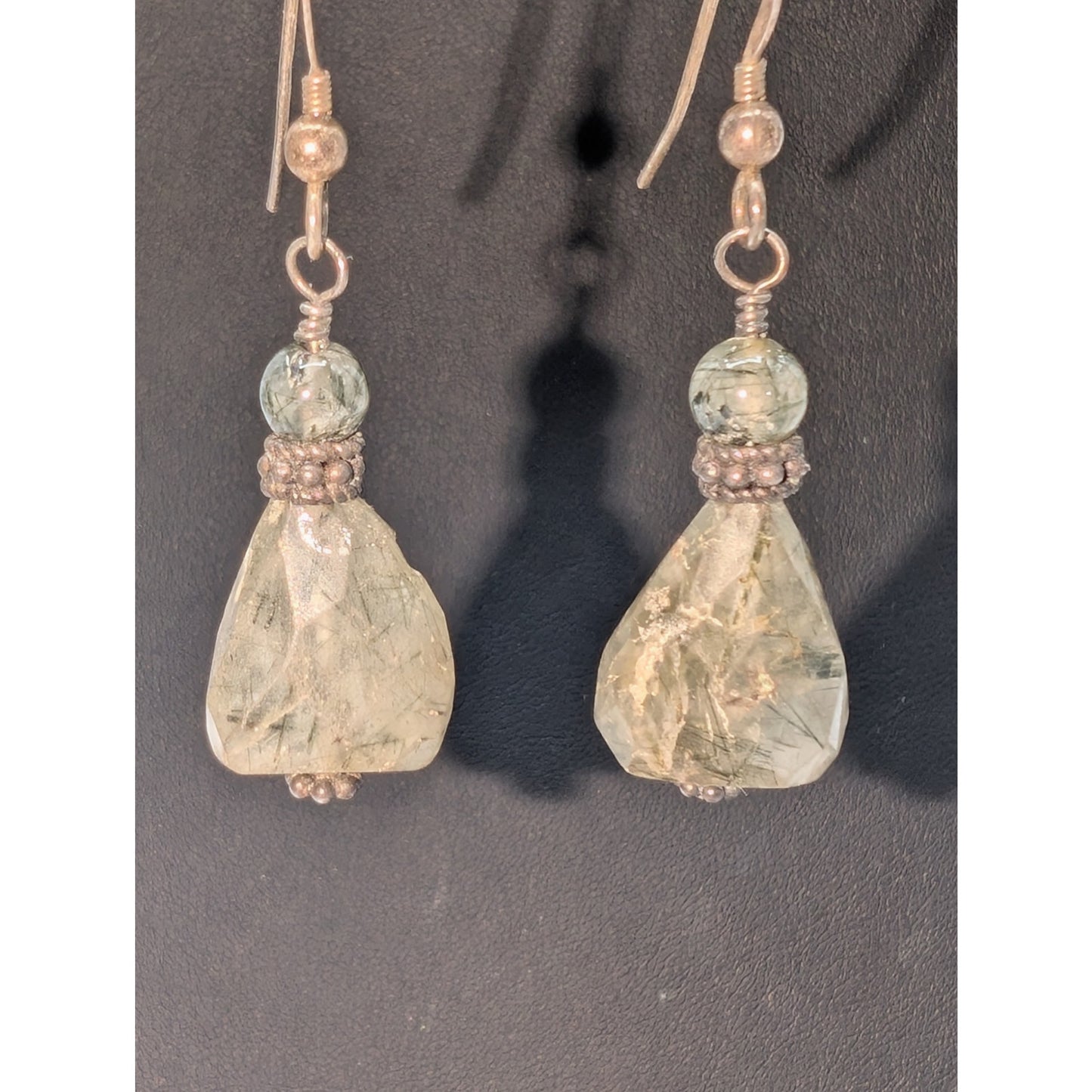 Vintage 925 Sterling Silver Ruff Cut Smoky Rutilated Quartz Dangle Earrings