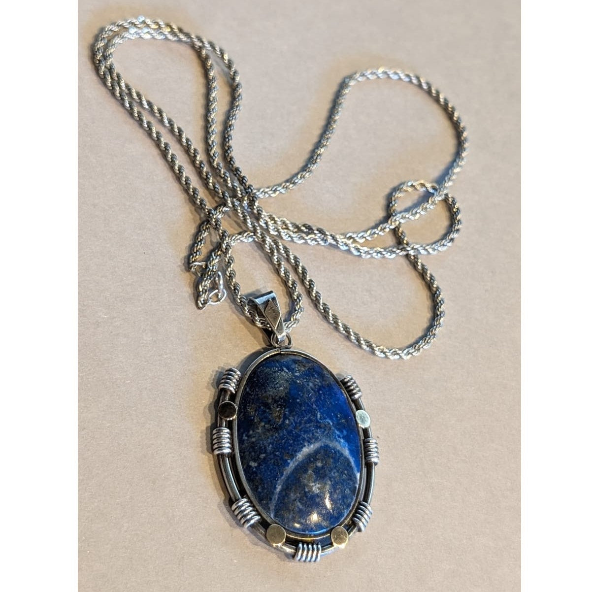 Blue Stone Bezel Set in Sterling Silver on Vintage Heavy Sterling Rope Chain