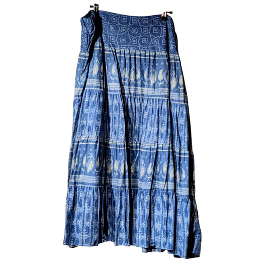 Chaps Boho Prairie Tiered Blue Cotton Shibori Tie Dye Pull On Midi Skirt Sz XL