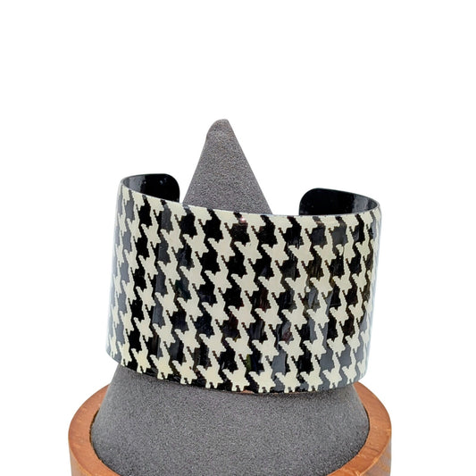 Black & White Houndstooth Wide Metal Cuff Bracelet