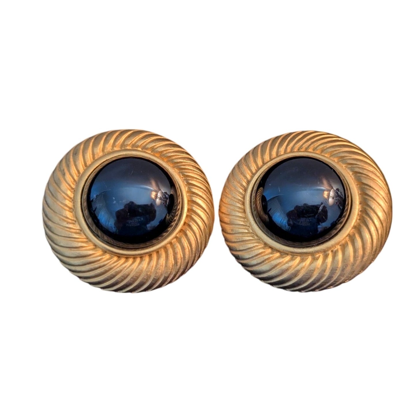 Vintage Large Gold Tone Swirl Black Cabochon Button Clip On Earrings