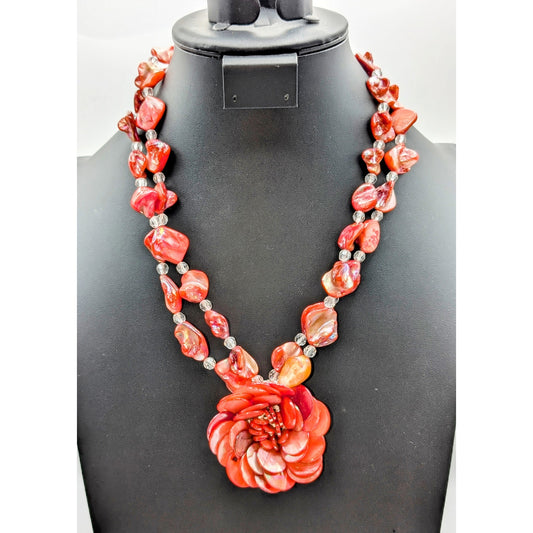 Vintage 70s Coral Color Shell Flower Pendant Double Strand 20.5"-23.5" Necklace