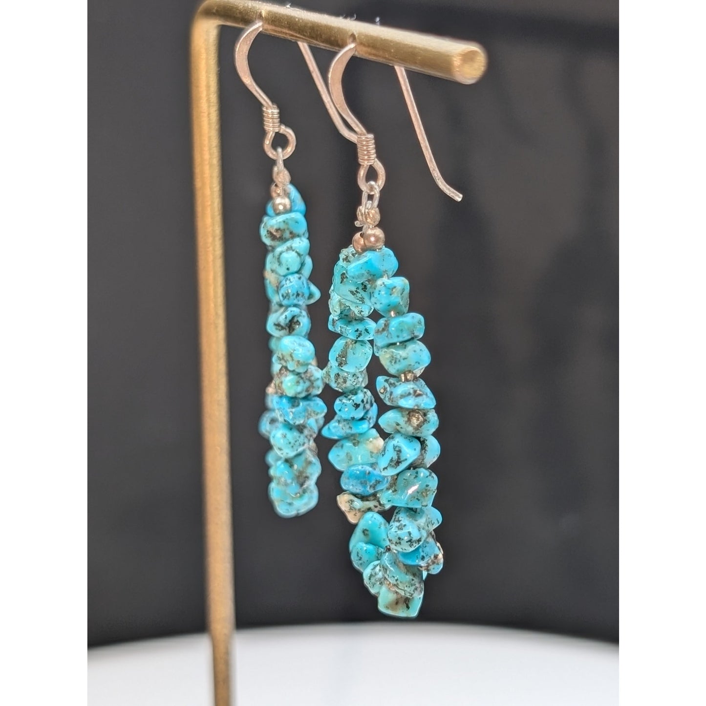 Vintage 925 Sterling Silver Turquoise Chip Bead Dangle Earrings