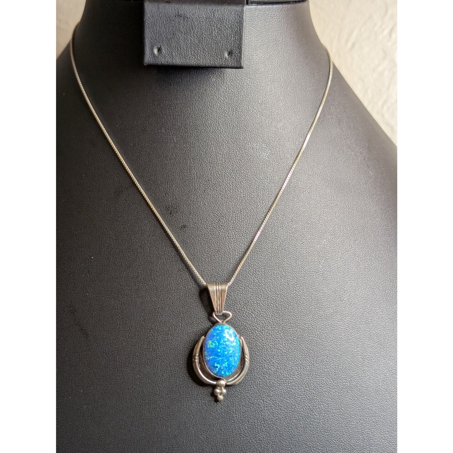 VTG Running Bear- Navajo Sterling Silver Blue Opal Pendant with Box Chain