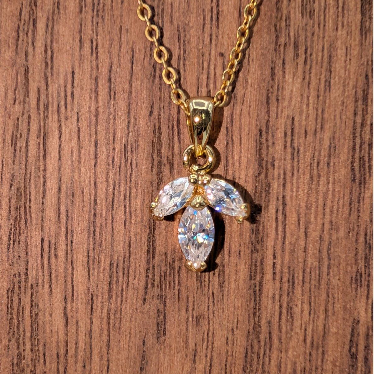 Three Marquis Cut CZ's Necklace Set in 14k Gold Electroplate on Gold Tone Chain