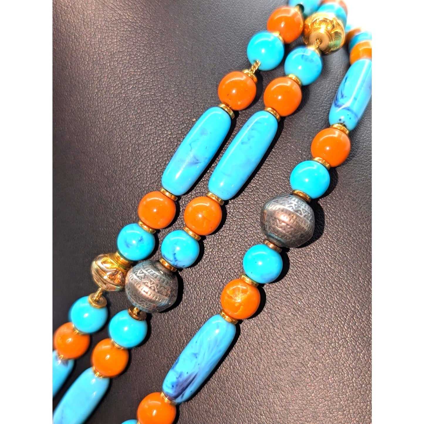 Vintage Three Strand Aqua Brick Gold Tone & Silver Tone Beaded Pendant Necklace