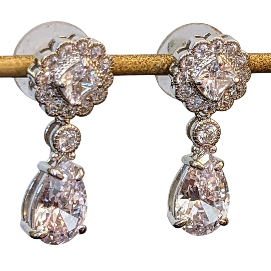 CZ Teardrop Dangle Silver Tone Bridal Earrings