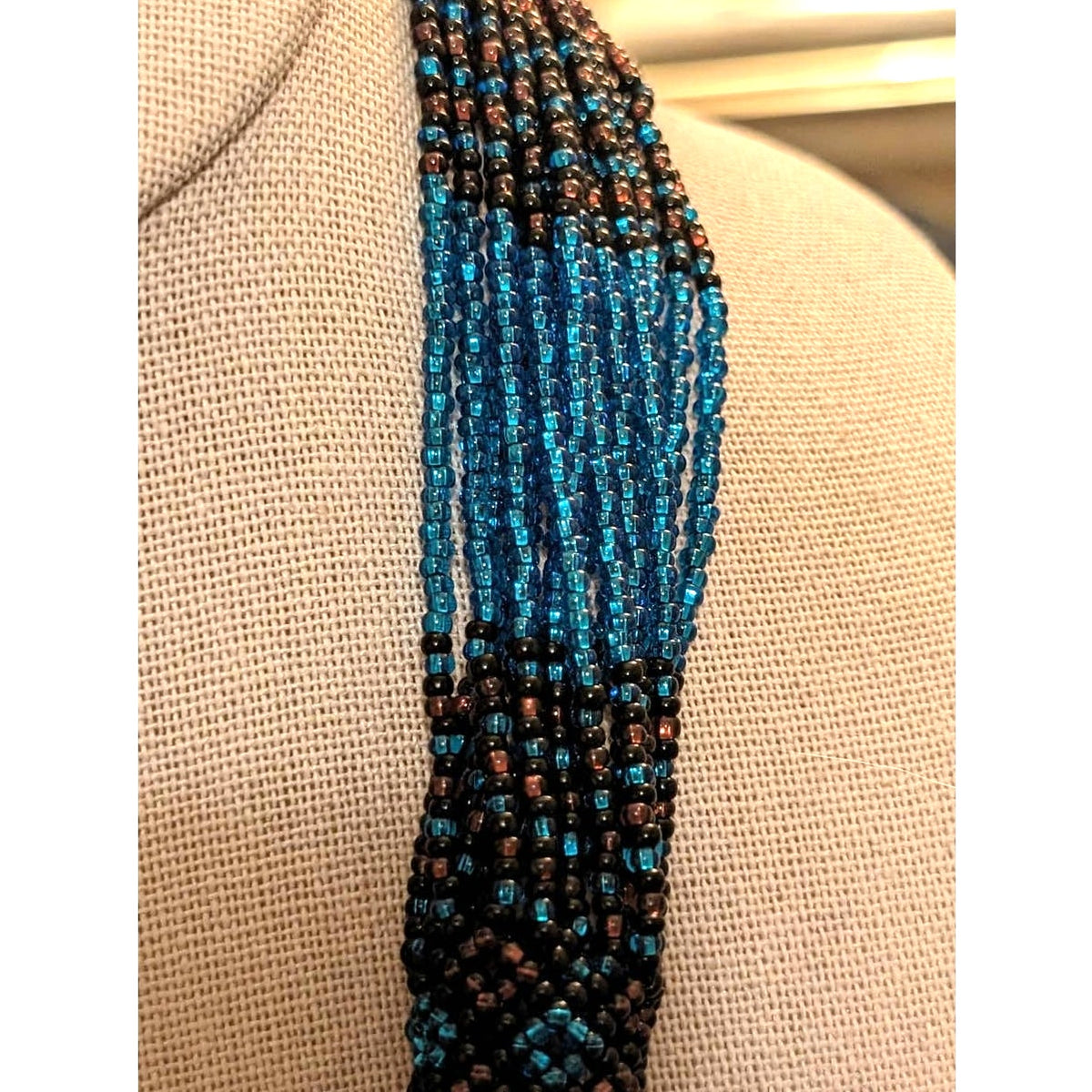 Brown & Blue Seed Bead Multi Strand Necklace With Woven Stations