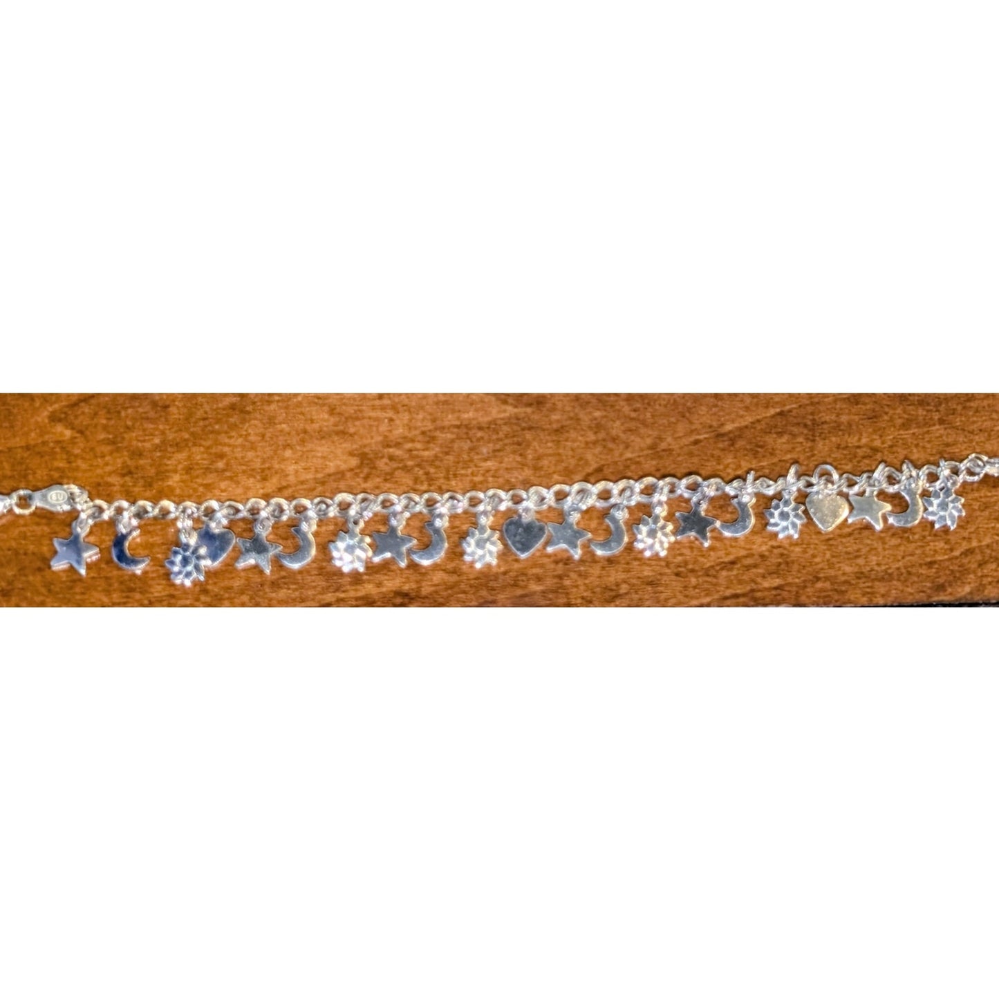 Vintage 925 Italy Sterling Silver Star Crescent Moon Flower Heart Charm Bracelet