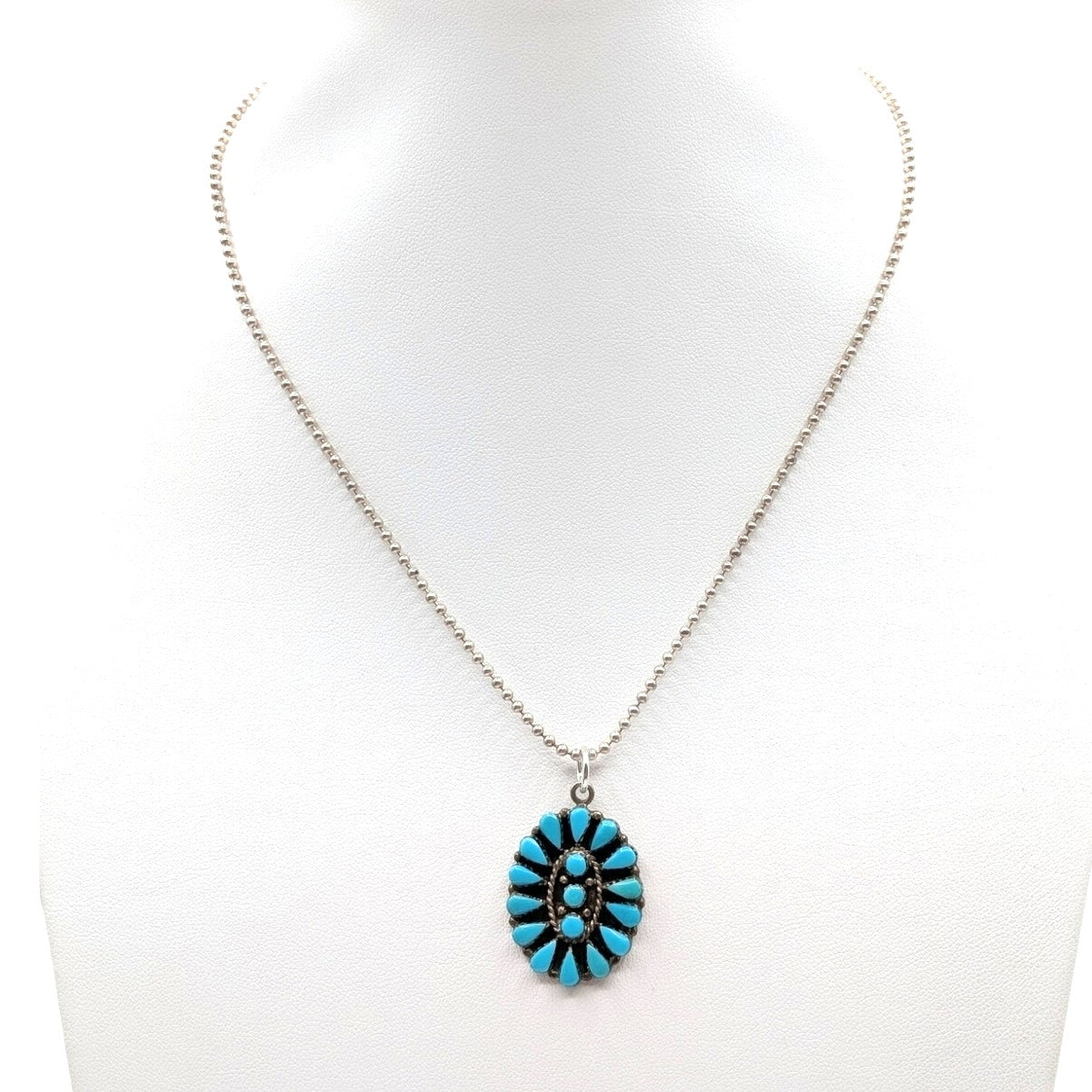 Vtg Zuni Turquoise Needlepoint Petit Point Sterling Pendant Ball Chain Necklace