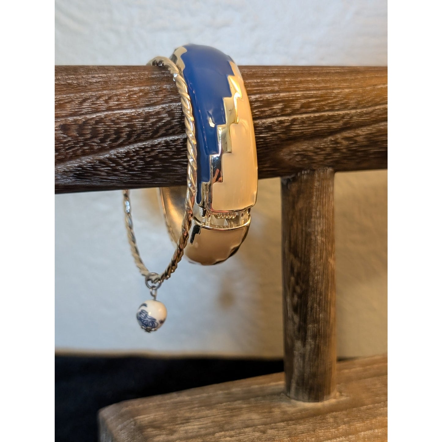 Two Bangle Lot Blue Cream Black Enamel Clamper & Twisted Bangle W/ Charm