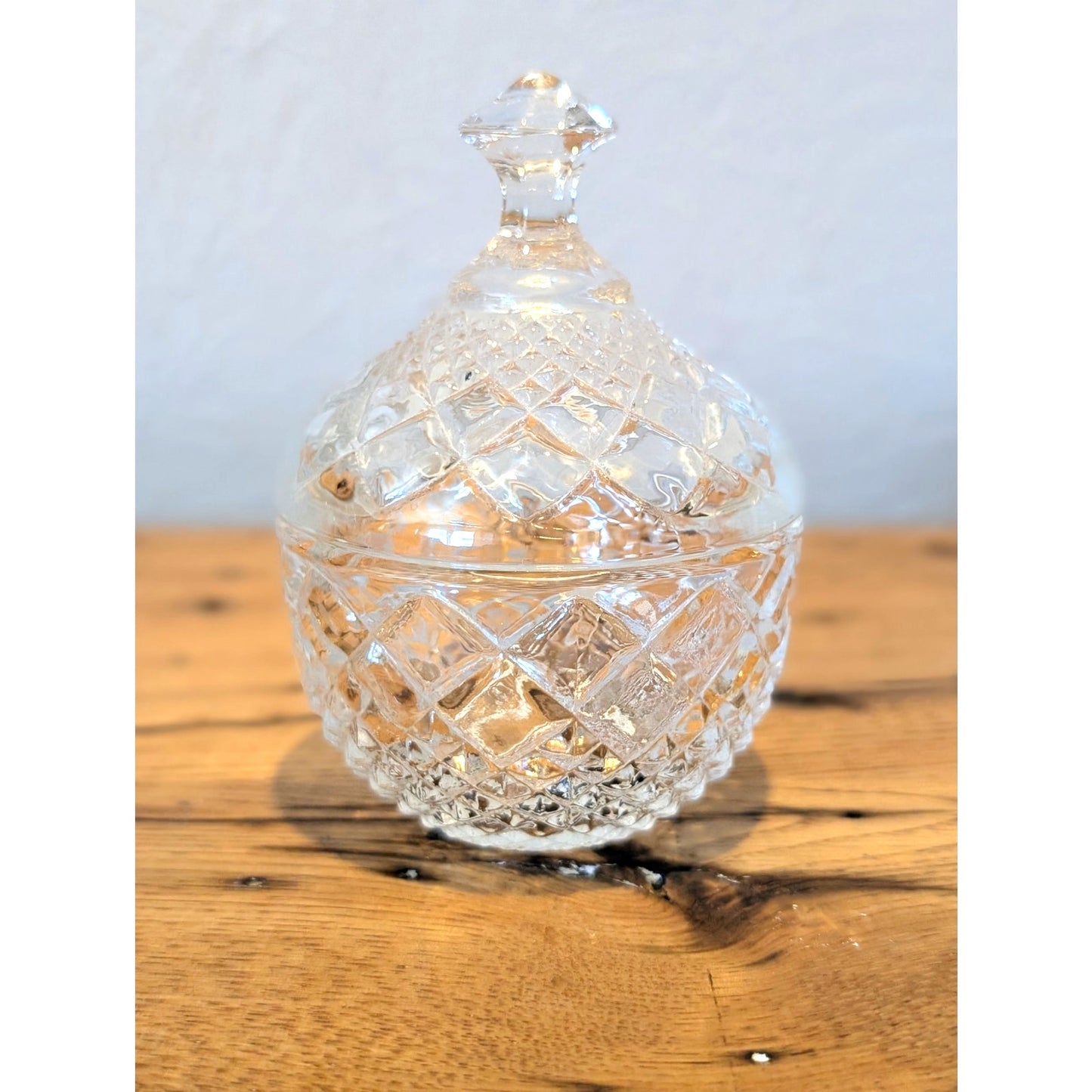 Vintage Diamond Cut Crystal Lidded Mini 3.5" Trinket Keeper