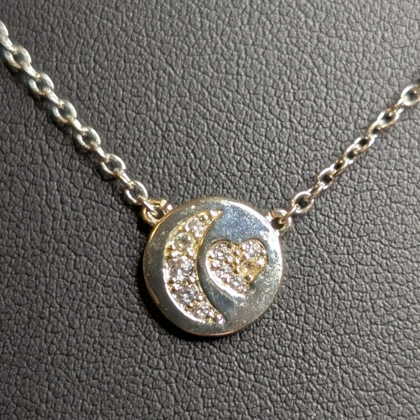 NWT Fine Silver Plated Heart Moon CZ Disc Chain Necklace