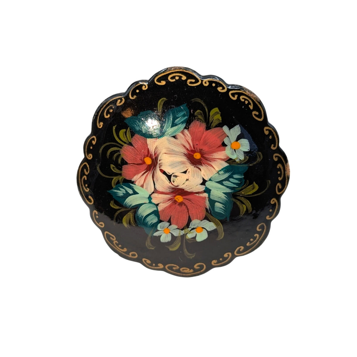 Vintage 1996 Signed Hand Painted Russian USSR Artist Floral Wood Brooch 2"