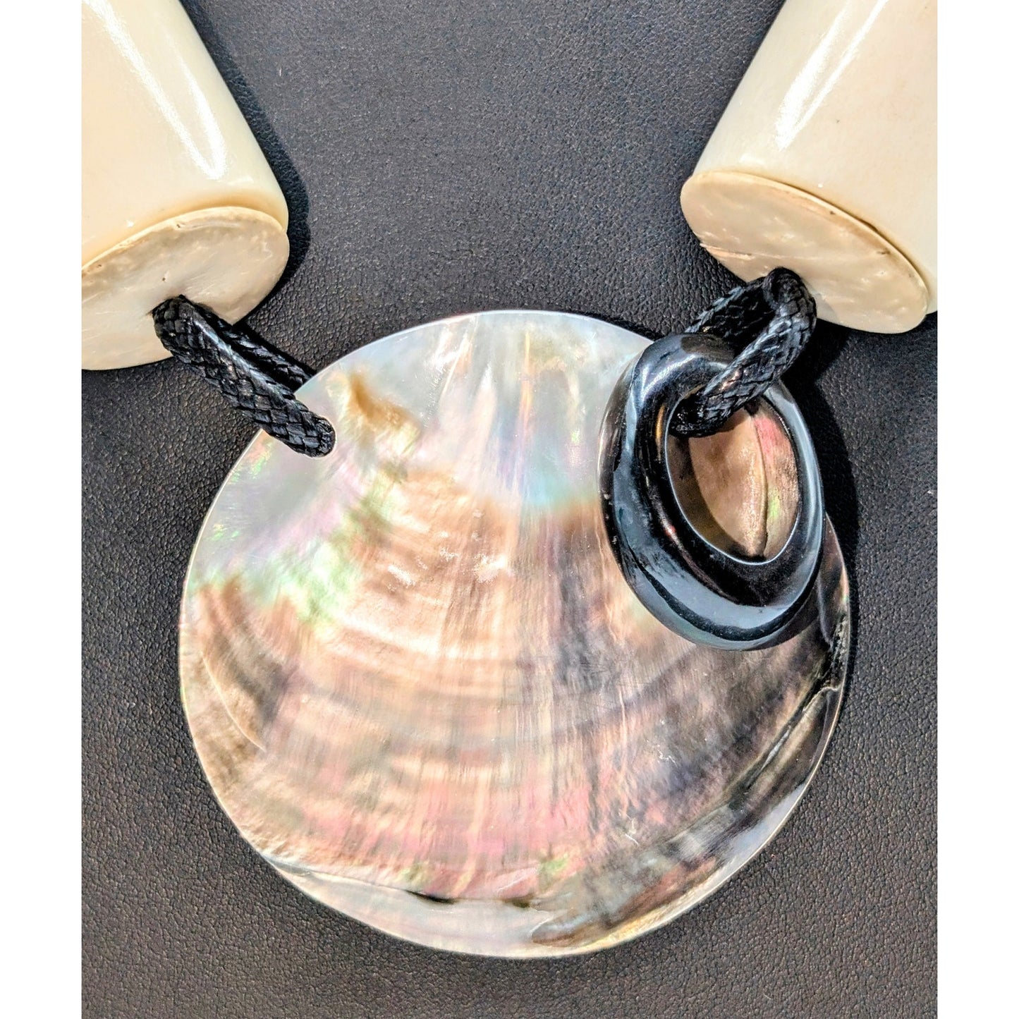 Chunky Barrel Bead Large Shell Pendant Avant Garde Corded 21.5"-24.5" Necklace