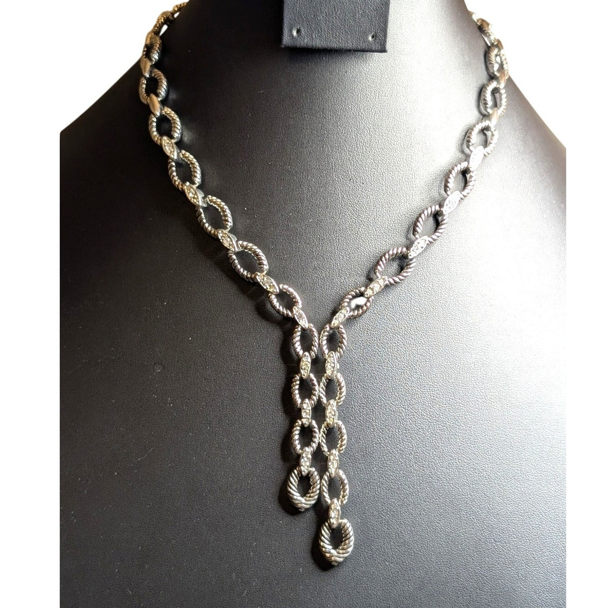 Silver Tone Textured Oval Link CZ Side by Side Y Dangle Fold Over Clasp Necklace