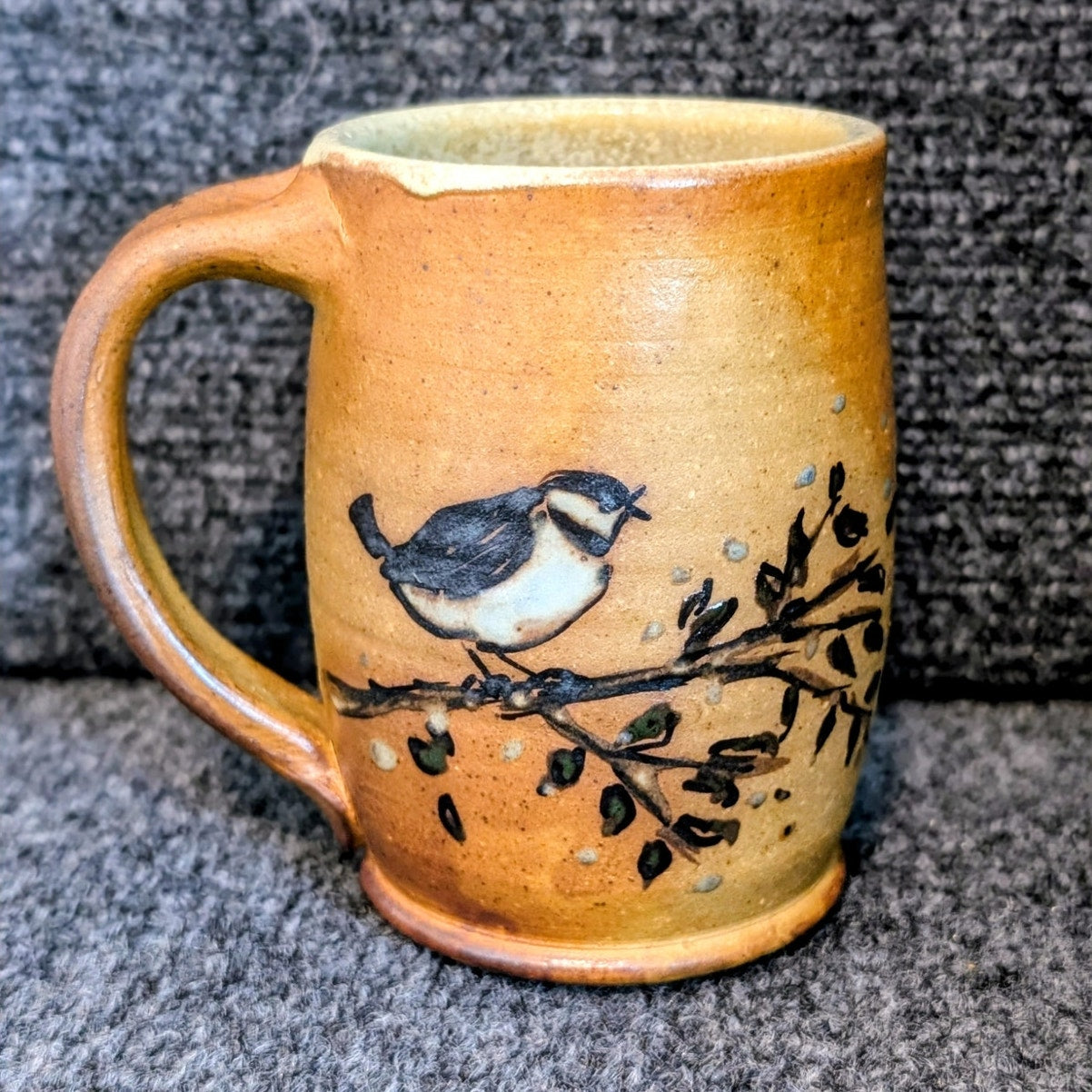Signed Larkin Fox Pass Hand Thrown Bird on Branch Pottery Coffee Mug