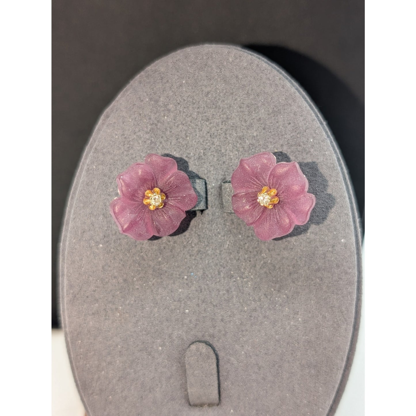 14k Vtg Tested Diamond Stud Earrings W/ Removable Purple Carved Flower Jacket