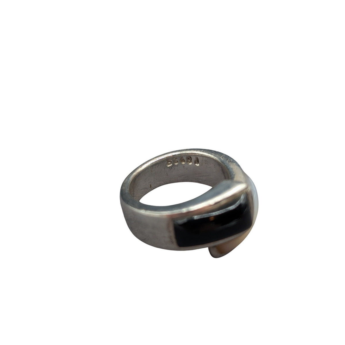 Sterling Silver 925 Mother of Pearl Black Stone Modernist Bypass Ring Size 6.5