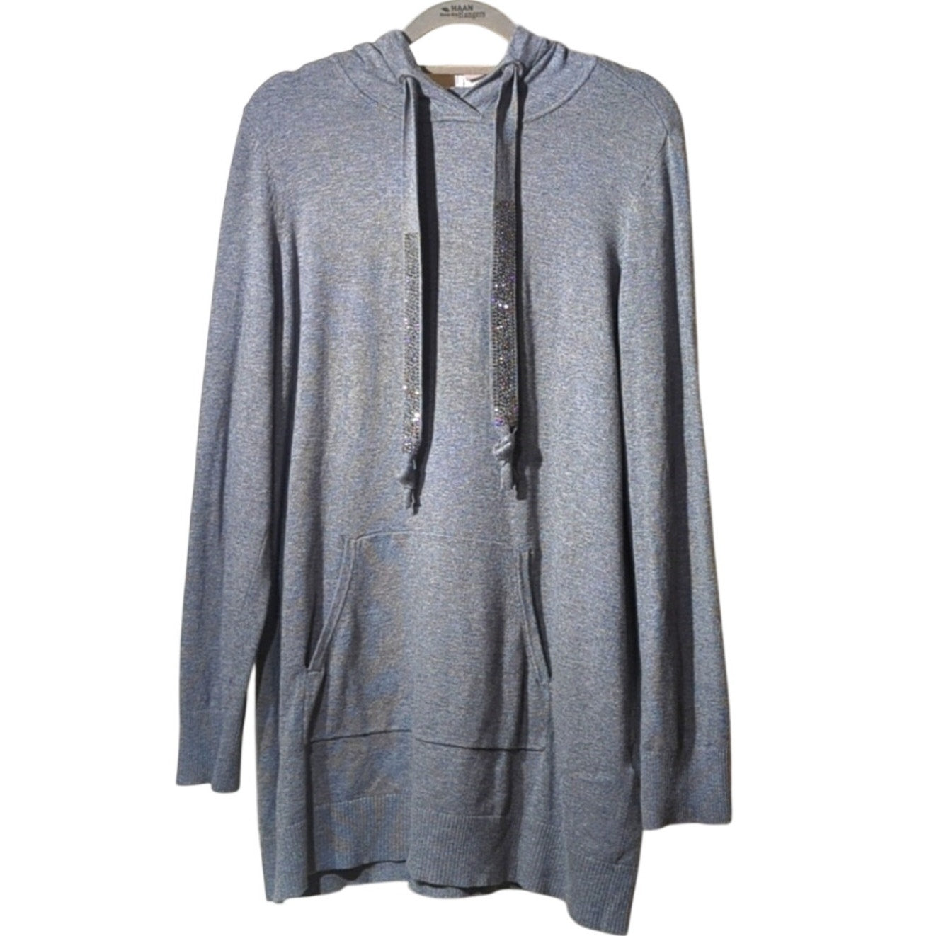 Chico's Zenergy Gray Crystal Studded Tie Hoodie Pocket Sweater Women's Sz 1 (M)