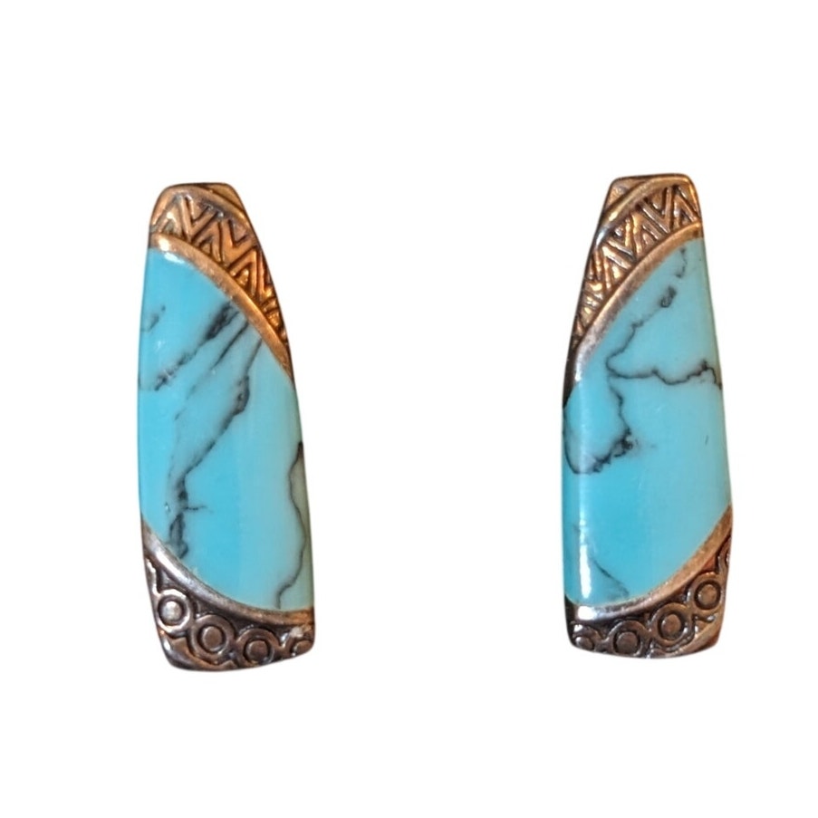 Vintage 925 Silver Turquoise Elongated Clip Earrings Marked 'b'