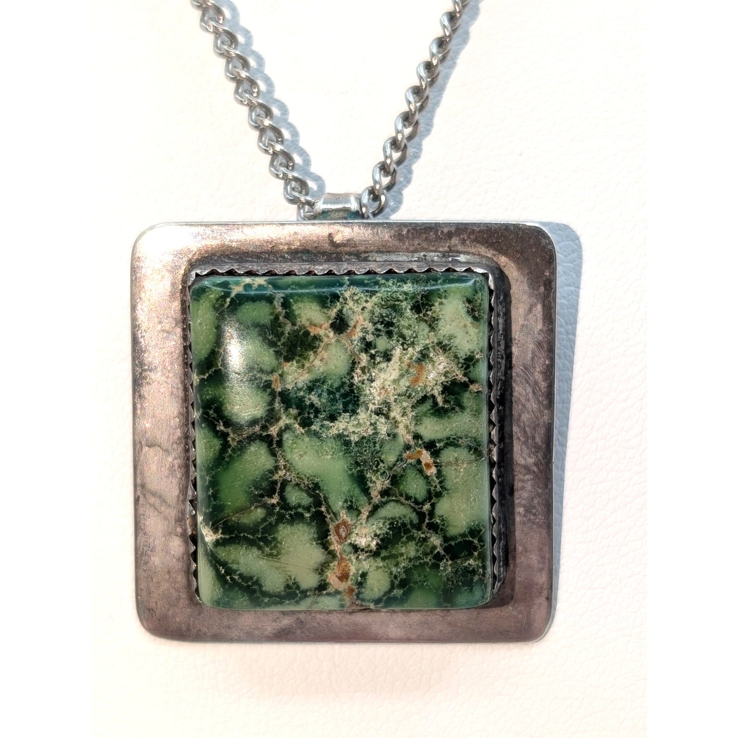 Vintage Sterling Silver Green Turquoise Stone Pendant 18" Chain Necklace