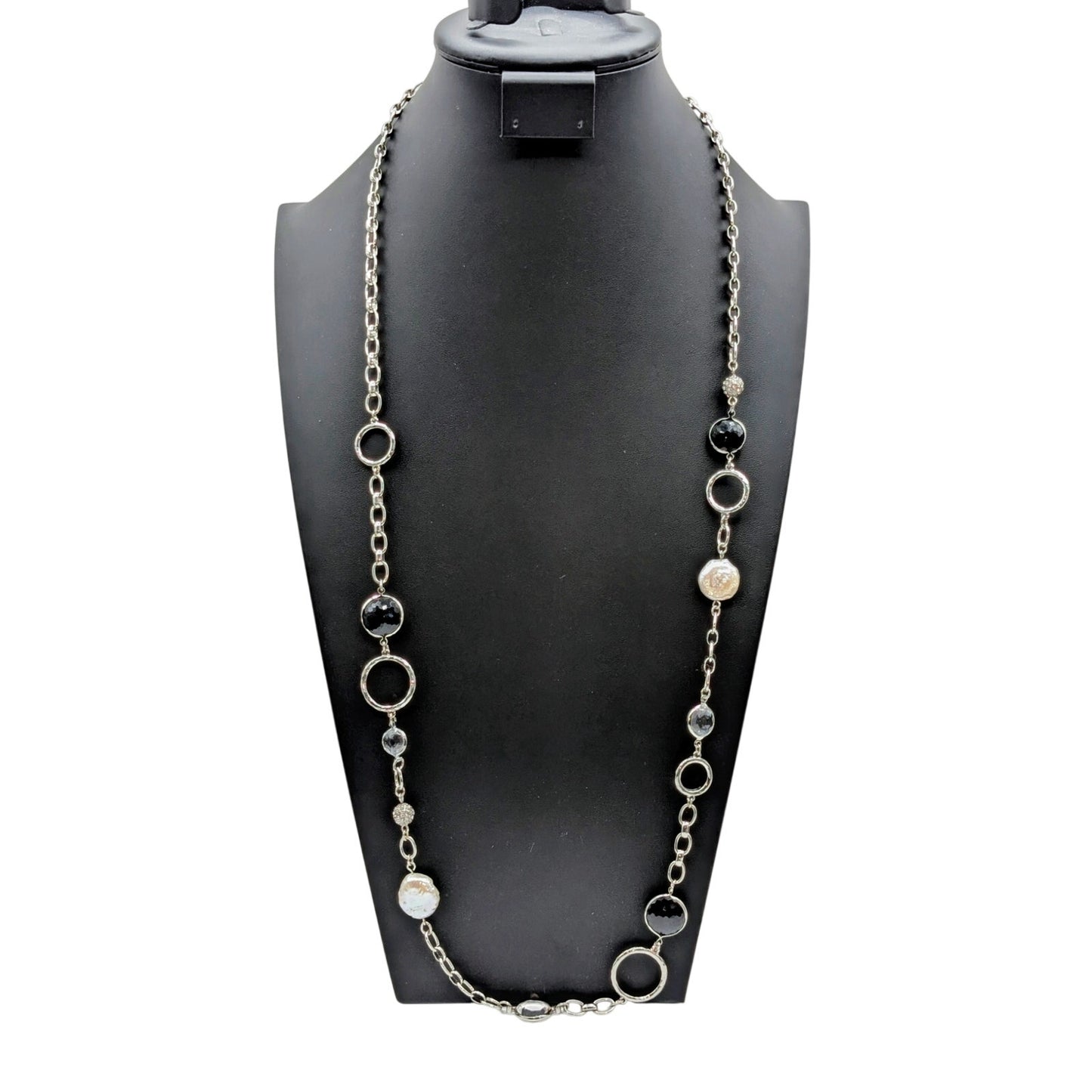 White House Black Market 34"-38" Silver Tone Pearl Crystal  Long Chain Necklace