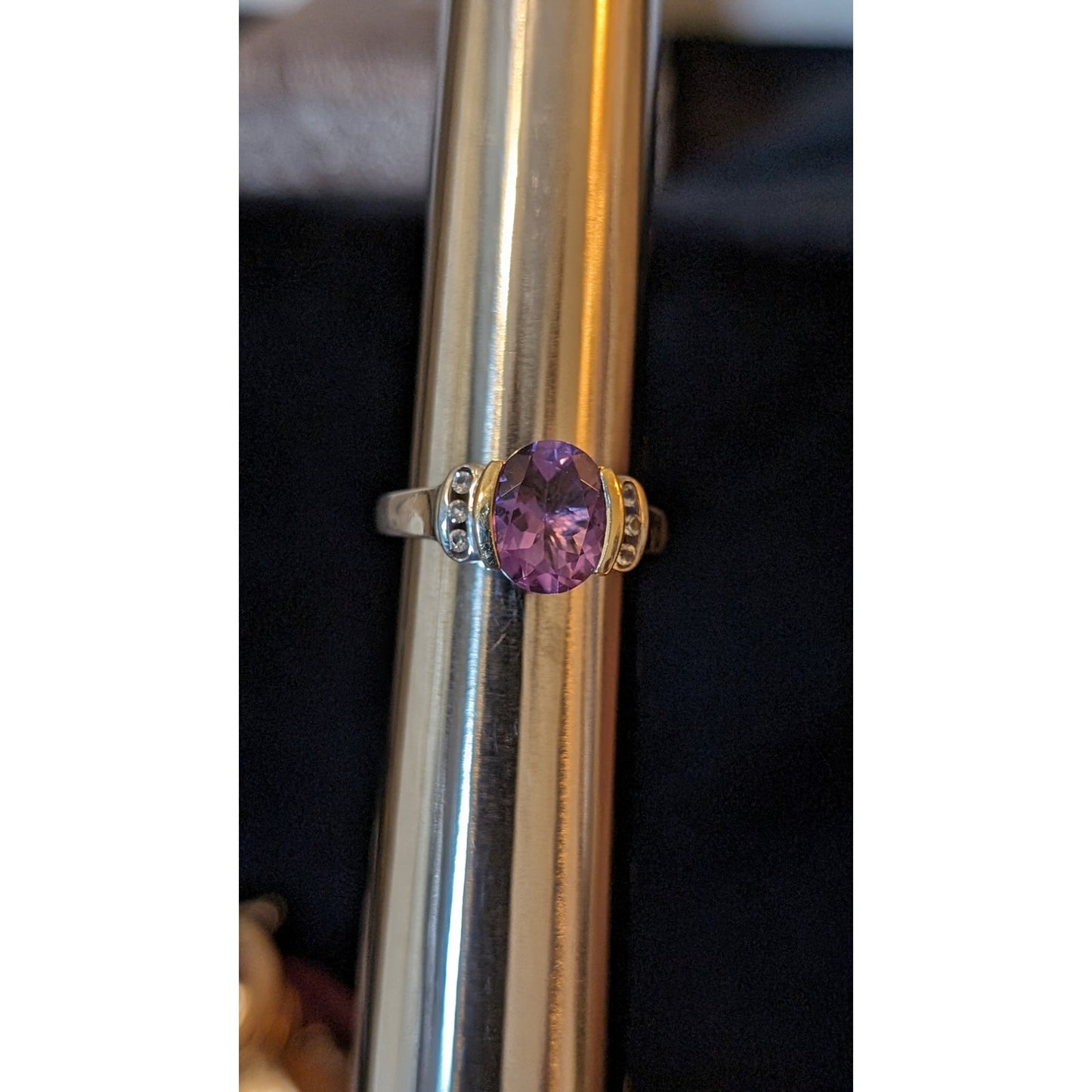 Amethyst White Spinel 925 14K Partial Bezel Set Ring Size 7.5