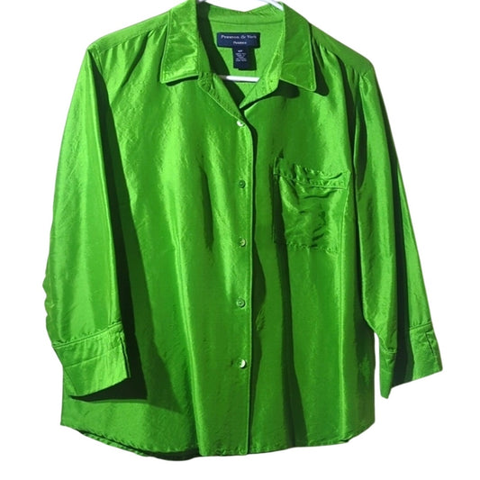 Preston & York Kelly Green 100% Silk Button Front Shirt Women's Petite Size 16P