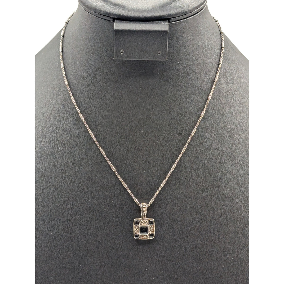 Vtg 925 Sterling Checkerboard Black Onyx Marcasite Pendant Bar Chain Necklace