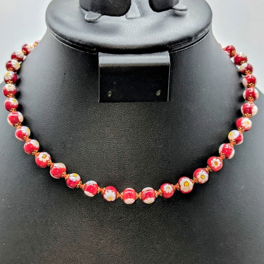 Antica Murrina Venezia Red Glass White Rose Millefiori Bead 16.5" Necklace