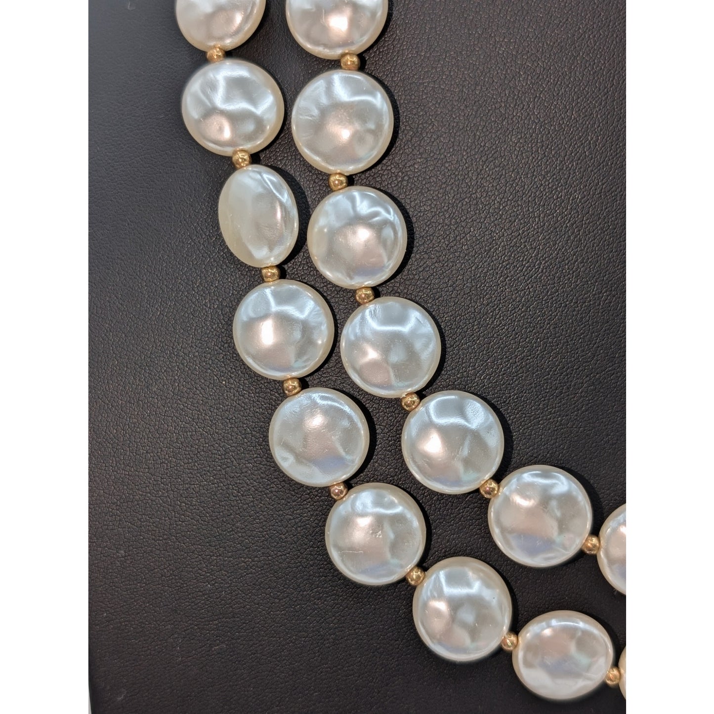 Vintage Double Strand Flat Faux Pearl Gold Tone Bead Fancy Clasp 24" Necklace