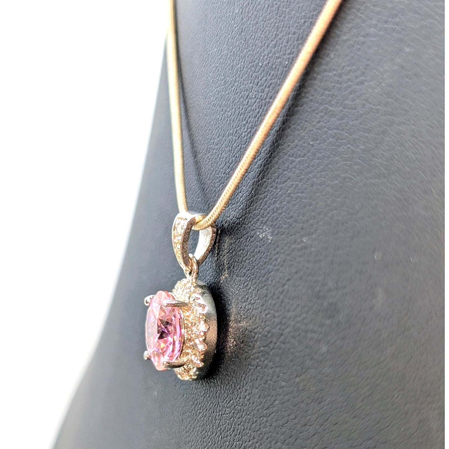 925 Sterling Silver Pink & White CZ Pendant Snake 16" Chain Necklace