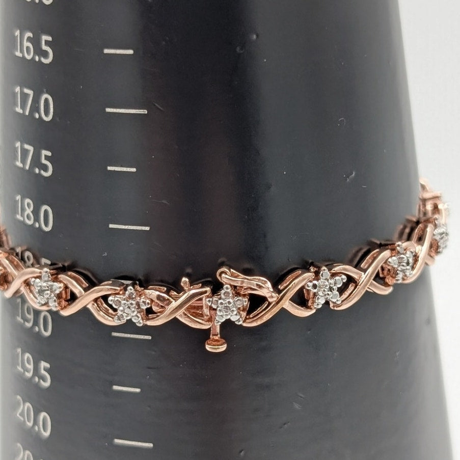 925 Sterling Silver Rose Gold Vermeil  .10ct Round Diamond Star Tennis Bracelet