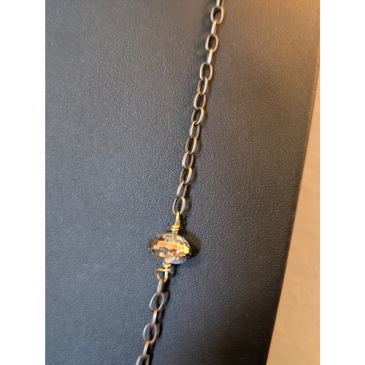 Vintage Bronze Cage Flower Pearl & Crystal Beads Rolo Link Long Boho Necklace