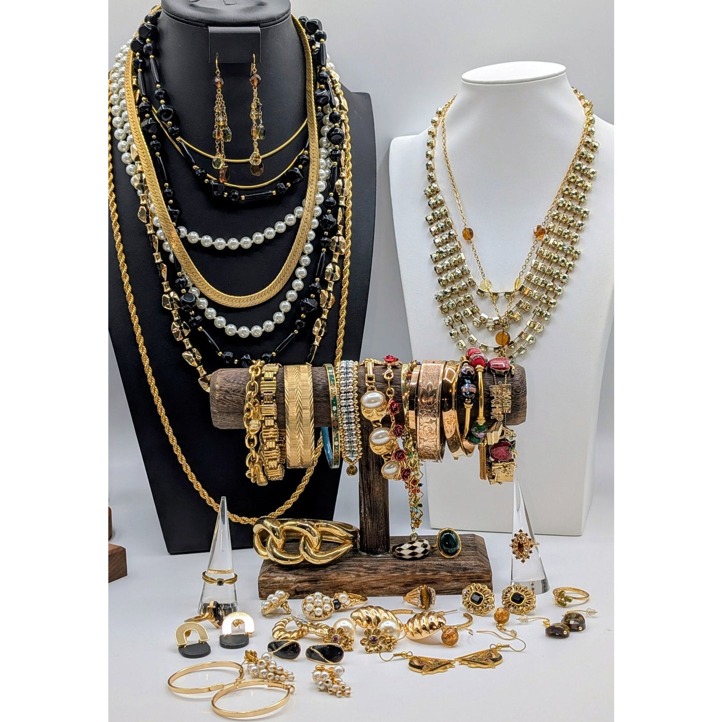 Reseller's Delight 46 Piece Gold Tone Vintage to Modern Costume Jewelry Lot