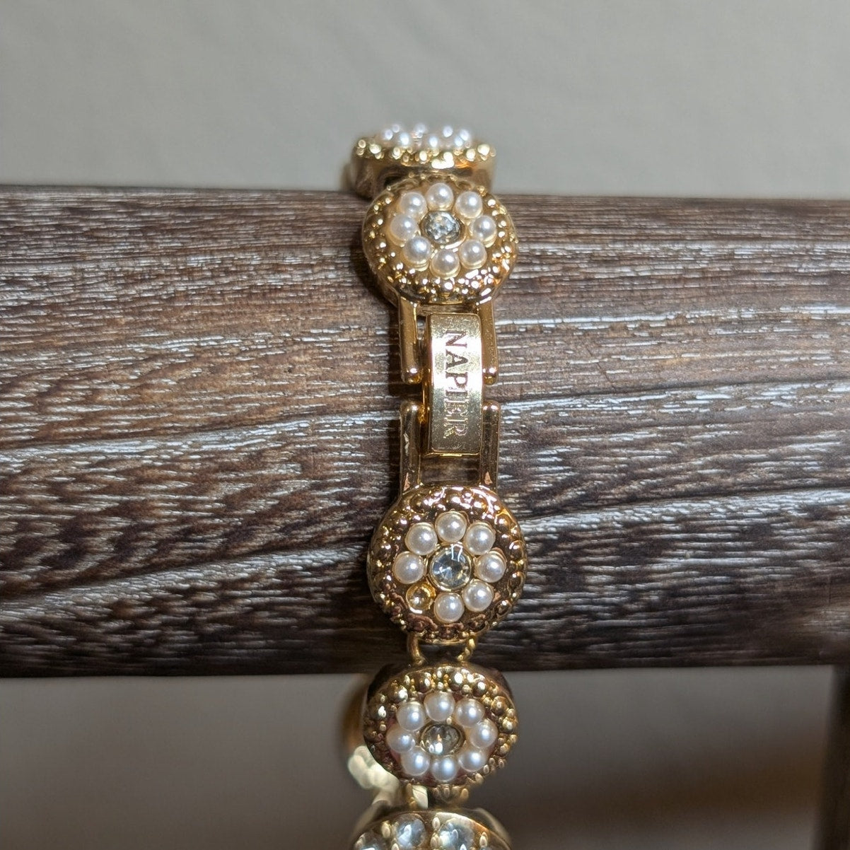 Signed Napier Gold Tone Faux Pearl Rhinestone Bracelet